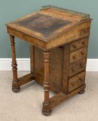 19TH CENTURY BURR WALNUT DAVENPORT DESK with tooled and galleried top, side opening drawers, 84 (