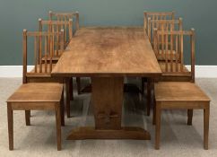 ARTS & CRAFTS OAK REFECTORY TABLE of pegged construction, 74 (h) x 191 (w) x 85cms (d) and a set