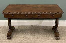 VICTORIAN MAHOGANY LIBRARY TABLE with two drawers, on pedestal supports and with dentil type