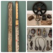 GROUP OF VINTAGE INDUSTRIAL FURNISHINGS to include block and tackle, pulleys, wooden cog, worm