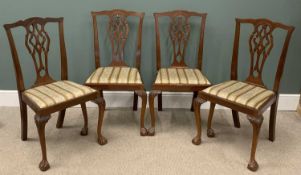 CHIPPENDALE STYLE DINING CHAIRS (4), classically striped upholstered seats, on ball and claw feet,