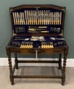 CIRCA 1900 OAK CANTEEN TABLE with stretchers, twist supports and near complete contents of vintage
