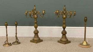 PLUS LOT 13 - VARIOUS BRASS CANDELABRA comprising a pair of five-branch examples on square bases,