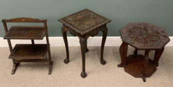 THREE VARIOUS TABLES comprising octagonal carved table with African hunter and wildlife carvings, 52