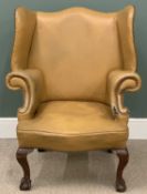 WINGBACK LIBRARY ARMCHAIR of shapely form, leather effect upholstery on ball and claw feet