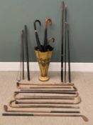 VINTAGE UMBRELLA SHAPED STICK STAND & CONTENTS 75cms (h) and a large assortment of sticks,