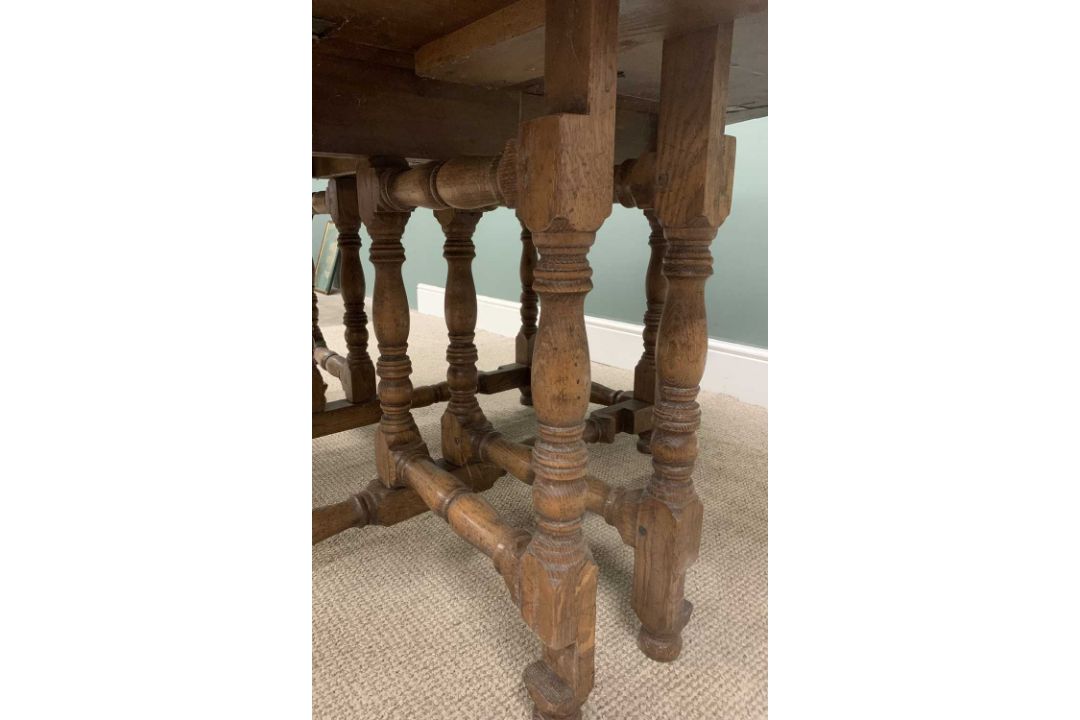 SUBSTANTIAL OAK GATE-LEG TABLE circa 1900s, on turned and block supports, 76 (h) x 169cms (width/ - Image 6 of 6