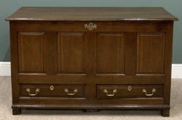 19TH CENTURY OAK MULE CHEST having four fielded panels, lift top and base drawers, 90 (h) x 147 (