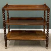 VICTORIAN MAHOGANY DUMB-WAITER having three tiers on bobbin supports, 112 (h) x 119 (w) x 48cms (