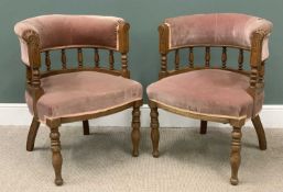 PAIR OF EDWARDIAN OAK TUB CHAIRS having upholstered seats and rails with spindle backs, 84 (h) x