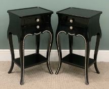 PAIR OF MODERN BEDSIDE TABLES in a black finish and having two drawers, bottom shelf and diamante