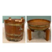 R A LISTER & CO OAK & COOPERED BARREL circa 1900, bears logos, 48 (h) x 51cms (diam), stand 38 (h) x