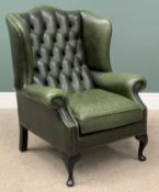BUTTONED LEATHER WING-BACK ARMCHAIR in racing green on cabriole front legs, 106 (h) x 83 (w) x 52cms