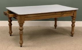 ANTIQUE PITCH PINE FARMHOUSE TABLE having formica top and end drawer, 72 (h) x 153 (w) x 92cms (d)