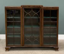 MAHOGANY THREE DOOR DISPLAY BOOKCASE with sectioned glass, on bracket feet, 122 (h) x 141 (w) x