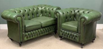 CHESTERFIELD SOFA & MATCHING ARMCHAIR being a two seater low back example having green leather/