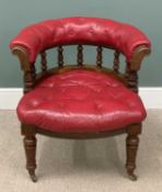 BUTTONED LEATHER OFFICE CHAIR in burgundy, on castors, 76 (h) x 79 (w) x 60cms (d) Provenance: