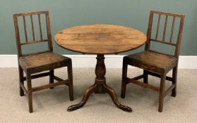 PAIR OF FARMHOUSE CHAIRS & ANTIQUE OAK TRIPOD TEA TABLE having a birdcage tilt top, 70 (h) x