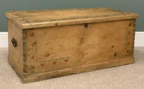 ANTIQUE PINE BLANKET BOX having iron handles and geometric painted pattern, 45 (h) x 105 (w) x 51cms