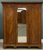 EDWARDIAN MAHOGANY TRIPLE WARDROBE having centre mirrored door and interior sliders and drawers, 212