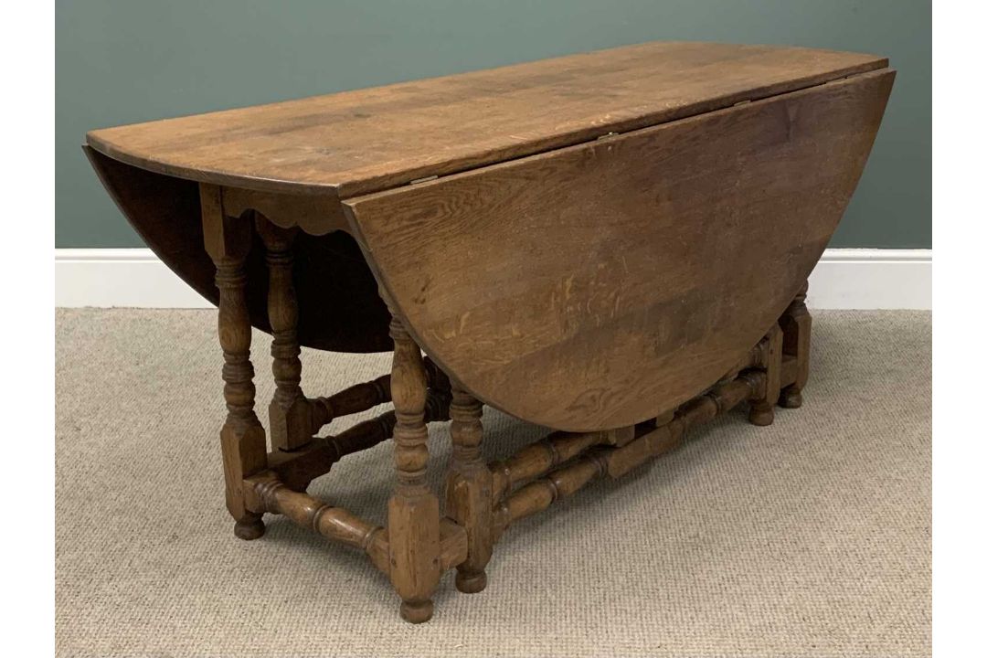 SUBSTANTIAL OAK GATE-LEG TABLE circa 1900s, on turned and block supports, 76 (h) x 169cms (width/ - Image 1 of 6