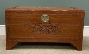 CHINESE CARVED CAMPHORWOOD CHEST having interior shelf and lock, 50 (h) x 92 (w) x 46cms (d)