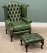 BUTTONED LEATHER WING BACK ARMCHAIR & STOOL in racing green, 109 (h) x 90 (w) x 54cms (d)