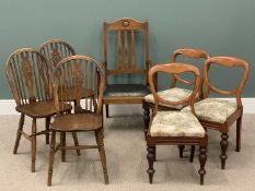 SEVEN VARIOUS VINTAGE CHAIRS comprising three wheel, spindle and hoop back, three mahogany balloon