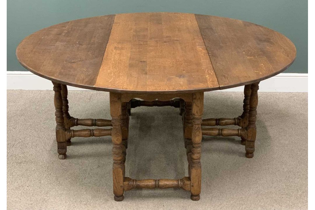 SUBSTANTIAL OAK GATE-LEG TABLE circa 1900s, on turned and block supports, 76 (h) x 169cms (width/ - Image 3 of 6