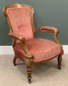 ANTIQUE INLAID WALNUT OPEN ARMCHAIR with pink upholstery on castors Provenance: private collection