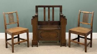 TWO FARMHOUSE CHAIRS & EDWARDIAN OAK BOX SEAT SETTLE having a single seat, 96 (h) x 82 (w) x 34cms