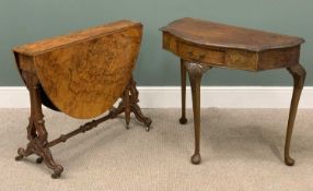 TWO ANTIQUE TABLES comprising good Edwardian burr walnut drop-leaf, 72 (h) x 19/113 (w) x 88cms (