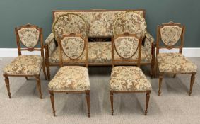 MAHOGANY DRAWING ROOM SUITE of five, in floral upholstery, comprising sofa, 86 (h) x 154 (w) x 69cms