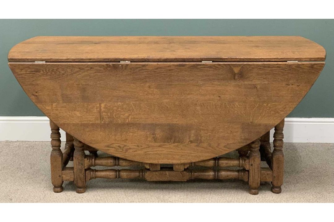 SUBSTANTIAL OAK GATE-LEG TABLE circa 1900s, on turned and block supports, 76 (h) x 169cms (width/ - Image 2 of 6