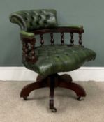 OFFICE SWIVEL CHAIR having buttoned green leather upholstery to back and seat, 84 (h) x 63 (w) x