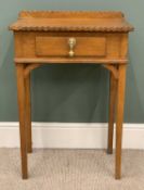 NARROW OAK HALL TABLE circa 1900, having a single drawer, railback and carved top, 85 (h) x 56 (w) x