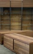 MODERN TEAK EFFECT WALL CABINETS being a well presented trio having glass fronts and interior