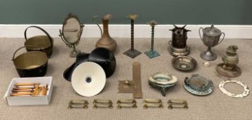 VINTAGE BRASS & OTHER METALWARE including antique type door furniture, etc, also retro lampshades