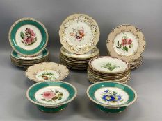 ENGLISH PORCELAIN DESSERT SERVICE, 19th century, moulded gilded border, each piece painted to the