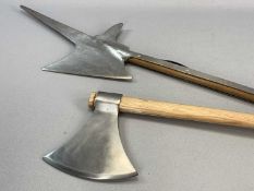 MEDIEVAL STYLE WEAPONRY, a double ended haslett, 163cms (l) and an axe, 96cms (l) Provenance: