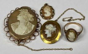 GOLD MOUNTED CAMEO JEWELLERY including brooch with safety chain, 50 x 40mms, smaller brooch with