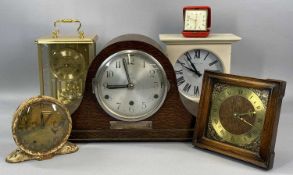 GROUP OF CLOCKS to include an Anvil oak cased dome top mantel clock, 23cms (h), gilt metal cased