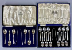 CASED SILVER CUTLERY comprising twelve George V tea spoons and tongs, Birmingham 1935, Elkington &