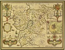 JOHN SPEEDE hand coloured engraved map - Merionethshire 1610 or later, with town plan of Harlech,