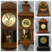 GROUP OF CLOCKS, oak mantel clock with arched top, carved detail, dial with black Roman numerals,