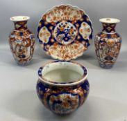GROUP OF IMARI CERAMICS with traditional decoration, including baluster form vases a pair, 24cms (
