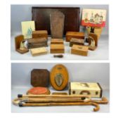 MIXED GROUP OF COLLECTABLES including 19th century oak candle box, a Malacca walking stick with