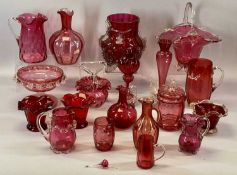 COLLECTION OF CRANBERRY, RUBY & OTHER COLOURED GLASSWARE including jugs, baskets, bowls etc.