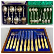 VARIOUS CASED CUTLERY including mixed set of silver and EPNS apostle spoons and tongs, set of twelve