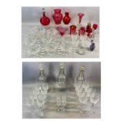 COLLECTION OF GLASSWARE to include three mallet shaped decanters with triple ring necks, various cut